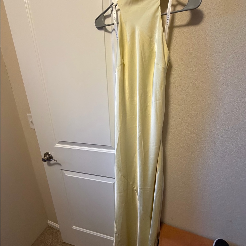 Azazie Pale Yellow Satin Halter Maxi Dress